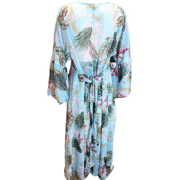 Gigio Long Sheer  Kimono Duster L Blue Tropical Floral Boho Peasant Hippie - Picture 3 of 10